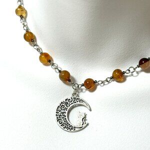 Genuine Earthy Carnelian Agate Short Necklace, Gemstone & Cat on the Moon Charm